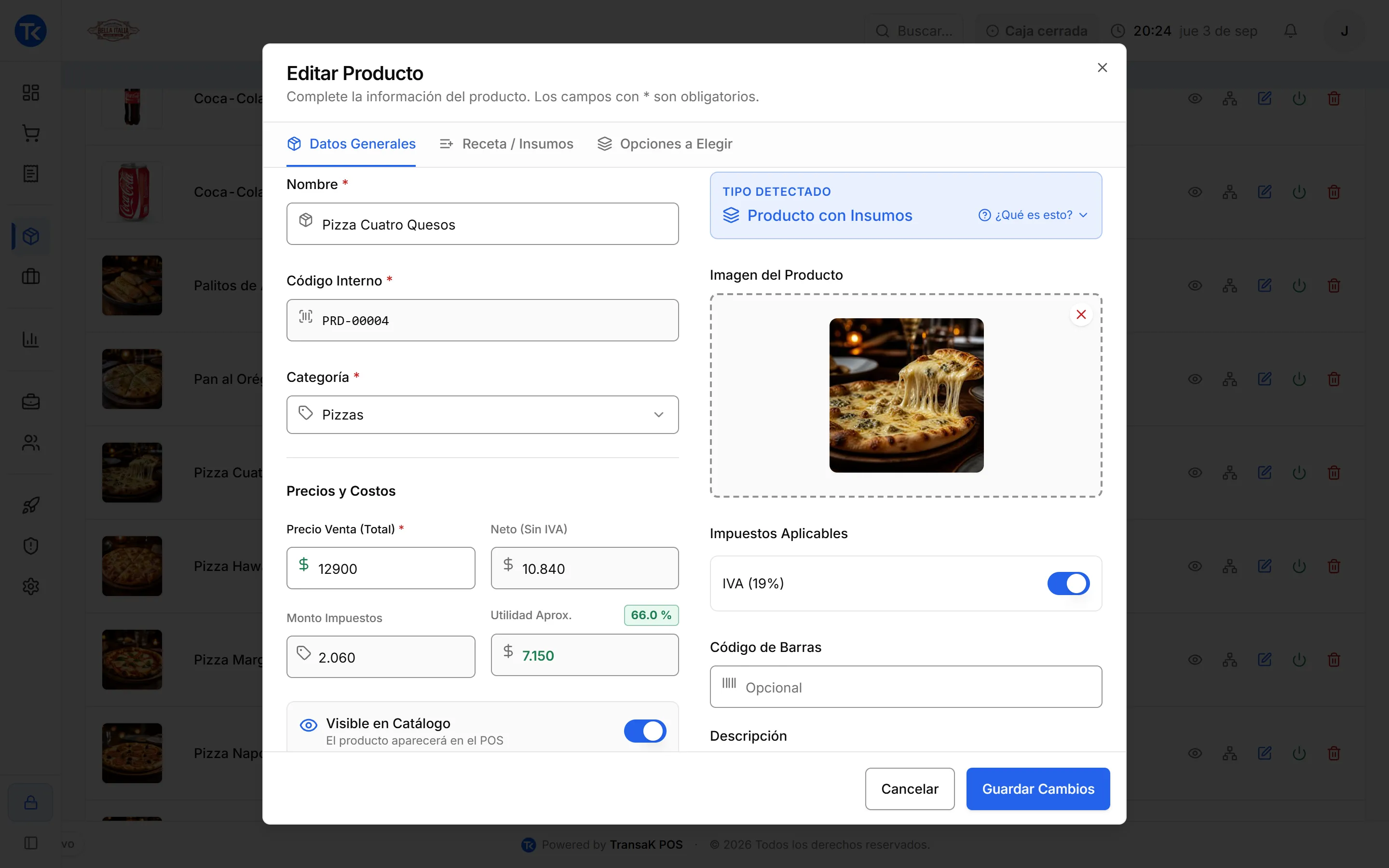 Editor de producto en TransaK POS con precio neto, IVA y utilidad calculados automáticamente