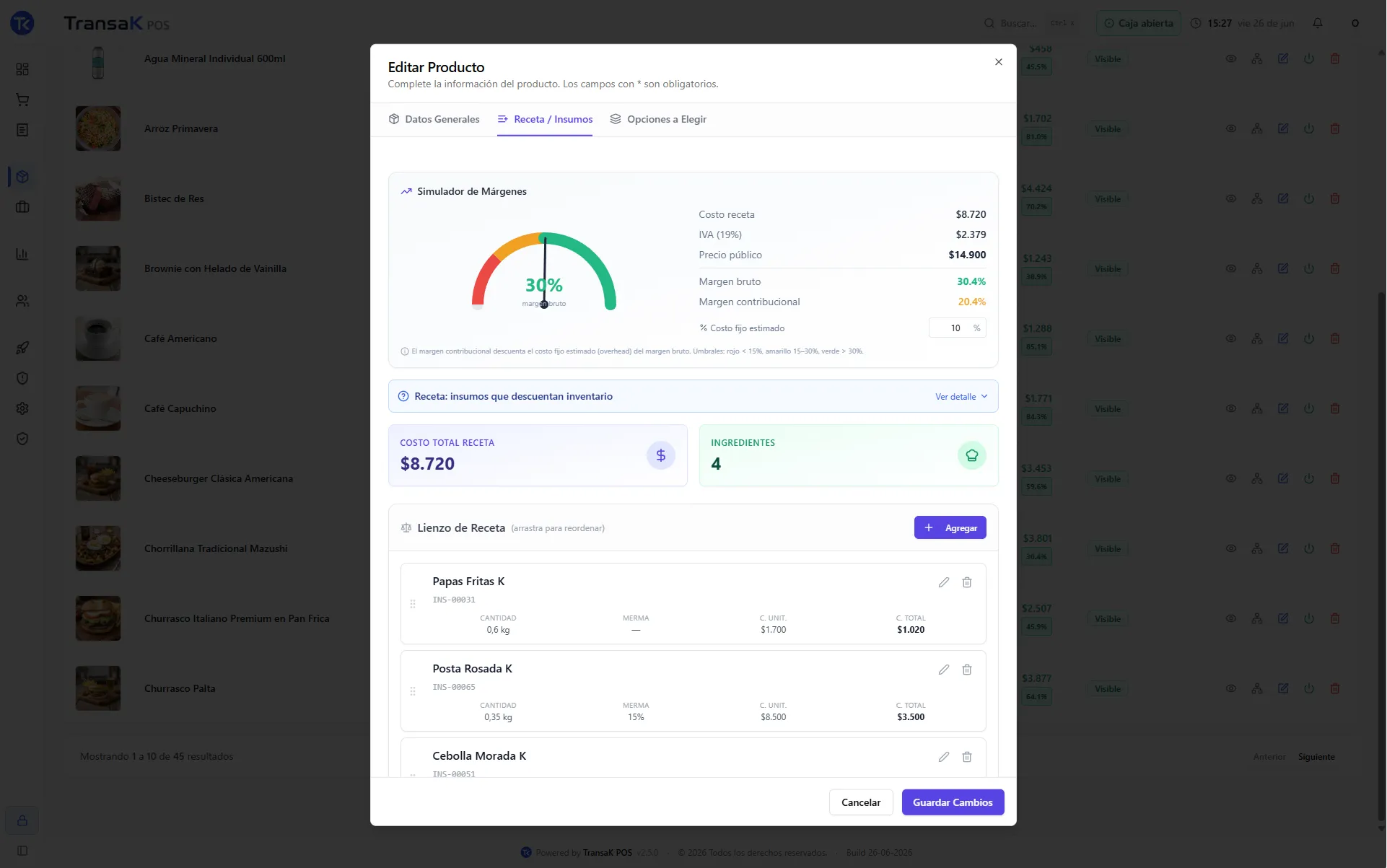 Simulador de márgenes con el costo de receta, el IVA, el precio público y el margen real — Simulador de márgenes de receta en TransaK POS con costo, merma y utilidad calculados por insumo