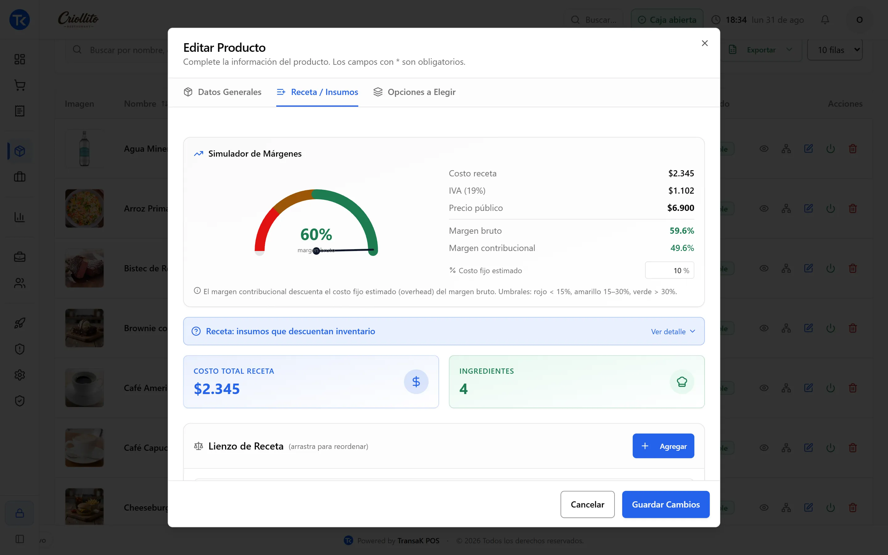 Simulador de márgenes con el costo de receta, el IVA, el precio público y el margen real — Simulador de márgenes de receta en TransaK POS con costo, merma y utilidad calculados por insumo