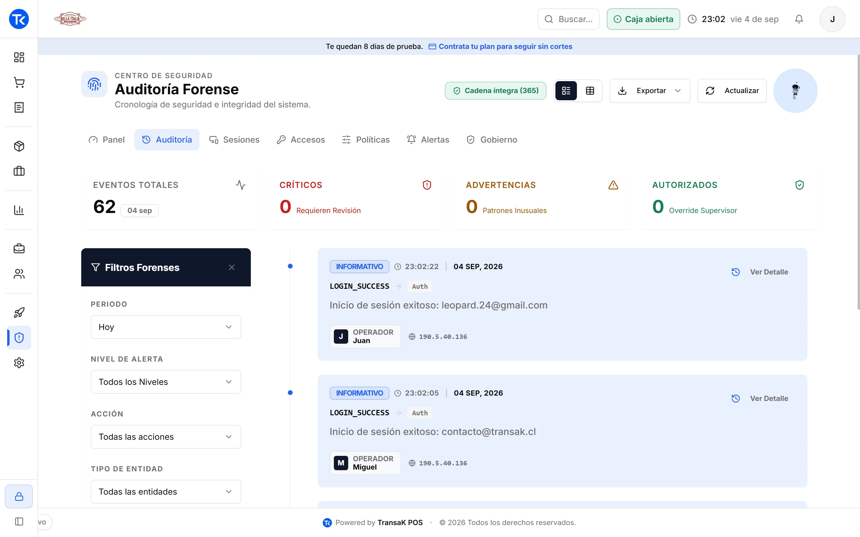 Auditoría forense de TransaK POS con la cronología de eventos y la integridad de la cadena