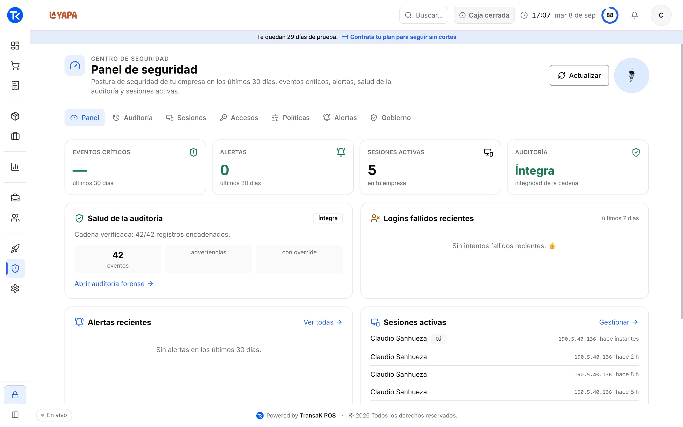 Panel de seguridad de TransaK POS con auditoría, sesiones activas y verificación en dos pasos