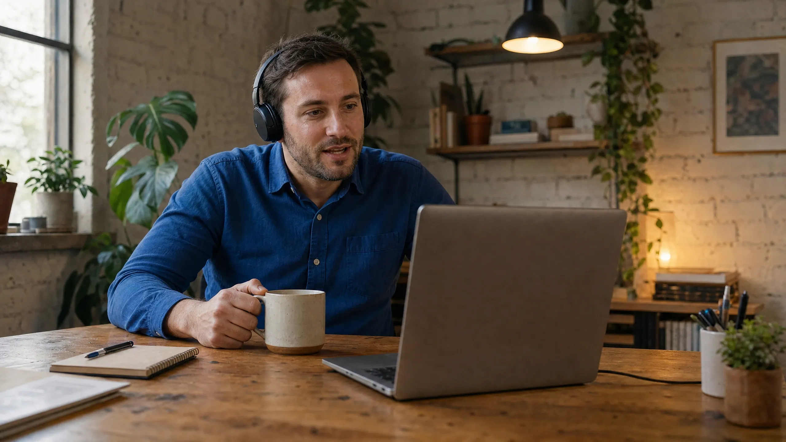 Persona con audífonos conversando frente a un computador en una oficina pequeña de ladrillo y plantas, con una taza en la mano.